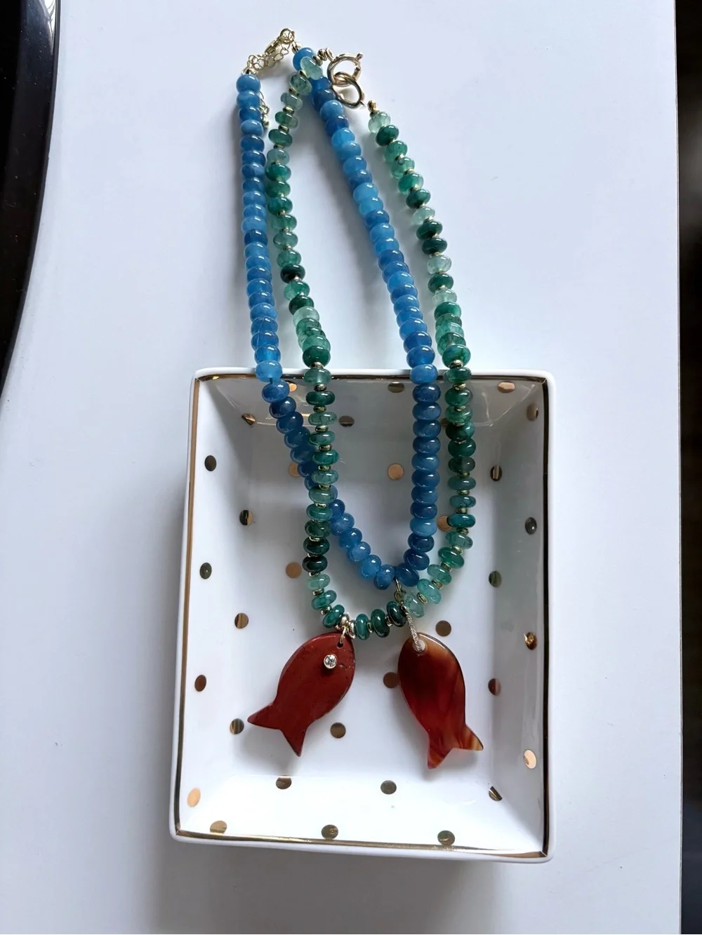 New Anthropologie Ocean Blue Beaded Necklace w/ Carnelian Fish Pendant - Picture 6 of 6